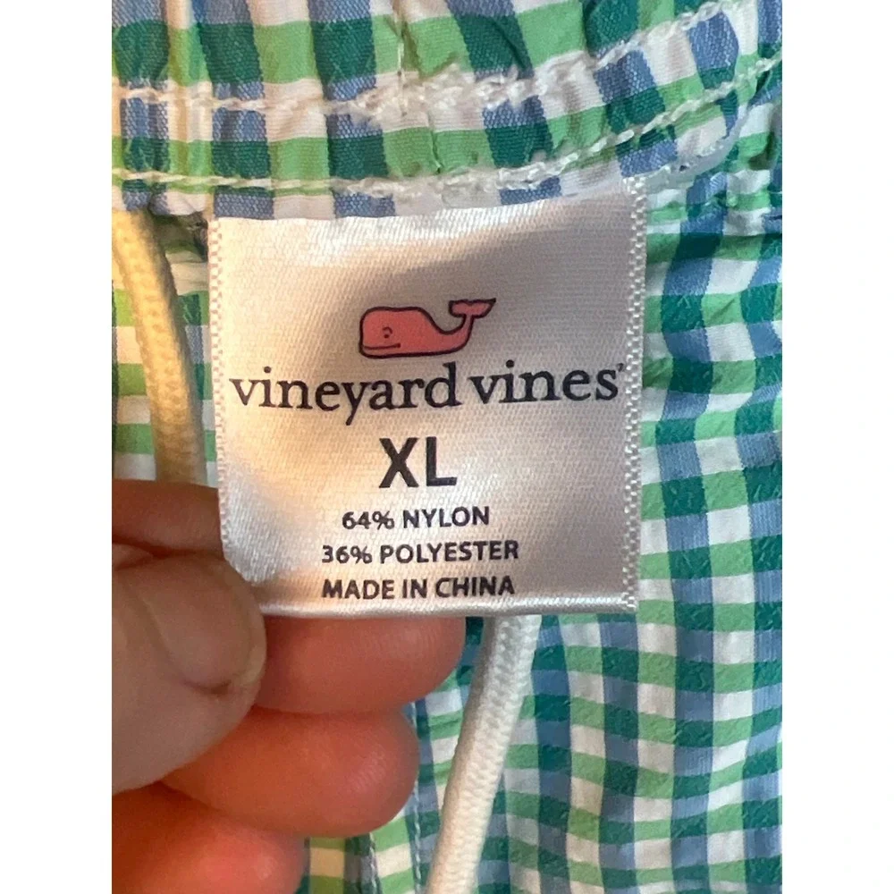 Vineyard Vines Men XL Gingham Swim Trunks Shorts Blue Green Whale Logo Beach Sun